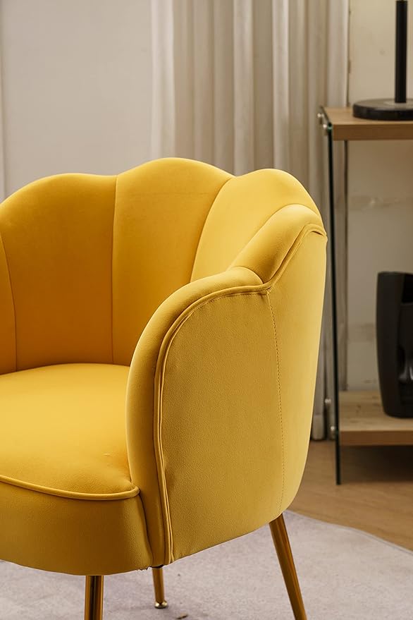 Shell Shape Velvet Fabric Armchair Accent Chair with Gold Legs for Living Room BedroomYellow