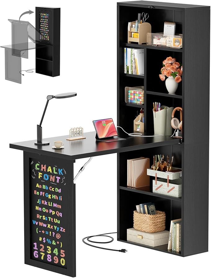 Armocity Small Folding Desk with Outlets Convertible Writing Desk for Small Spaces/Home Office/Craft Room Multi-Function Desk Workstation with Blackboard Fold-Out Cabinet Table Black
