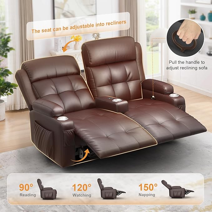 Reclining Loveseat 55.1 RV PU Leather Wall Hugger Recliner Love Seats Sofa with Charging Station Removable Armrest Cup Holder Double Recliners Couch Manual Love Seat for Living Room