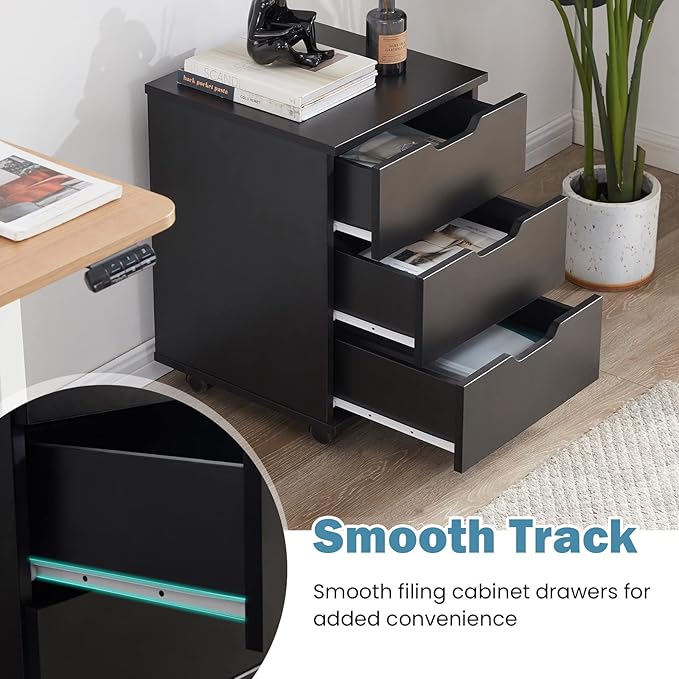 Farini Mobile File Cabinet for Home Office 3 Drawer Chest Wood Drawers Unit for Under Desk Storage Drawers Cabinet Black