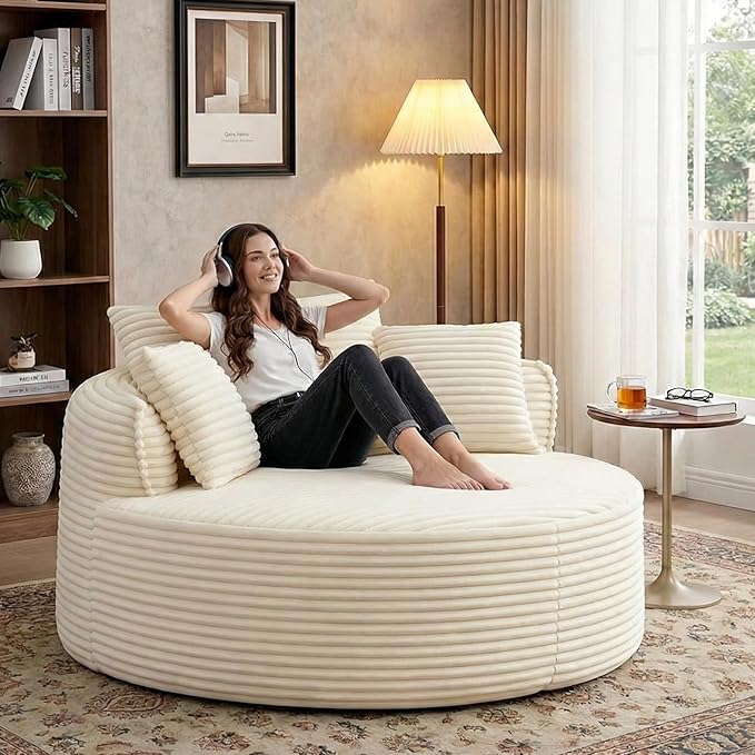 54-inch Oversized Round Chaise Longue Chair Indoor Modern Upholstered Corduroy Deep Seat Circle Cloud Chair Single Boneless Reading Chair for Living Room Bedroom Apartment Beige