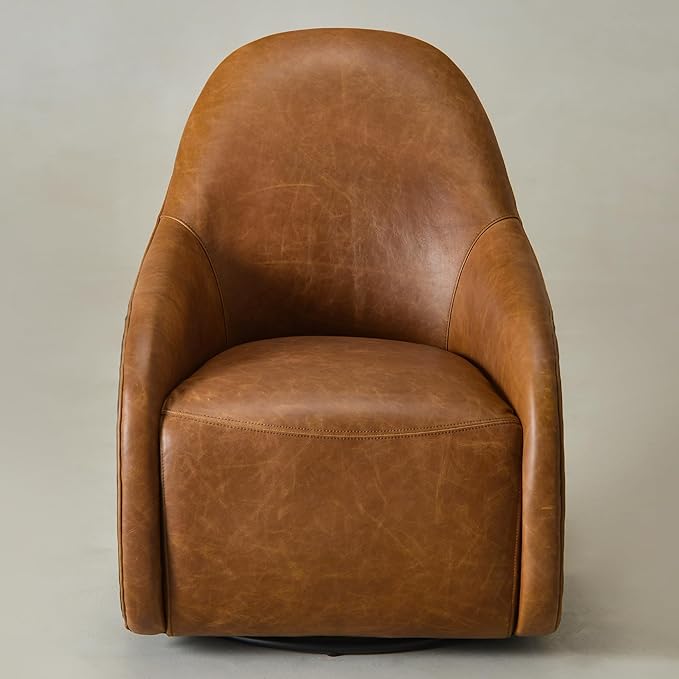 Two-Tone Leather Swivel Barrel Chair Accent Chair with Solid Wood Frame No Assembly for Living Room or Office (Brown)