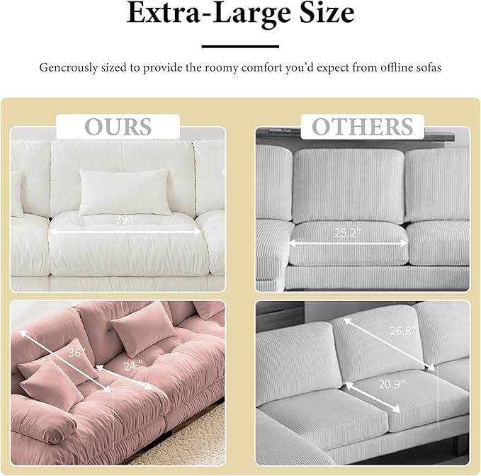94.4 Loveseat Sofa 2 Seater Modular Sectional Sofa Pink Large U Shaped Sectional Couches Fluffy Chenille Cloud Couch with Ottoman Deep Seat for Living Room
