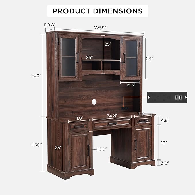 JXQTLINGMU Farmhouse 76 Height Computer Desk with Hutch Office Desk with Charging Station Drawers and Storage Cabinet Workstation for Office Home Brown