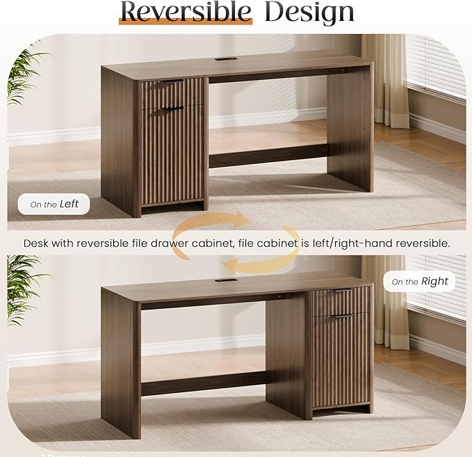 60 Fluted Home Office Desks with Storage Modern Executive Desk Computer Desk with Drawer &amp Cabinet Wood Work Desk for Office Bedroom Study Living Room Walnut