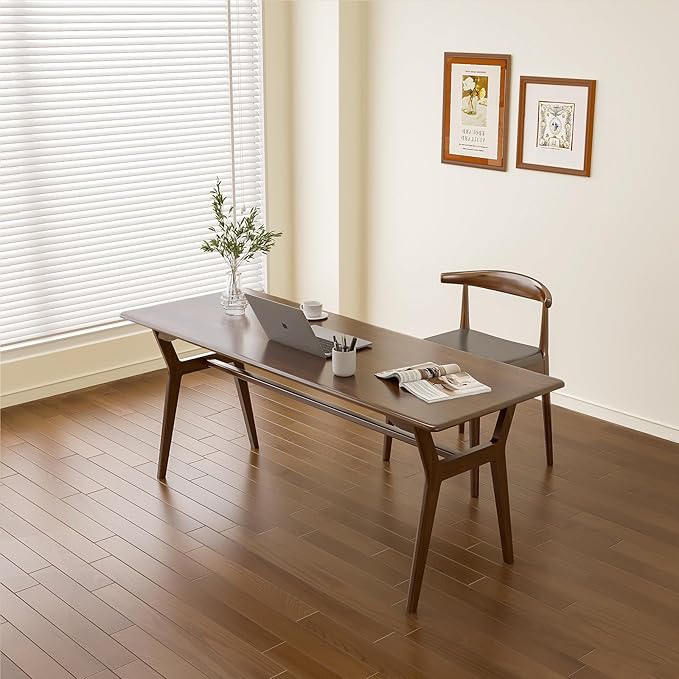 Solid Wood Study Desk - 63 Double Long Computer Table for Home Office 2-Person PC Workstation Walnut