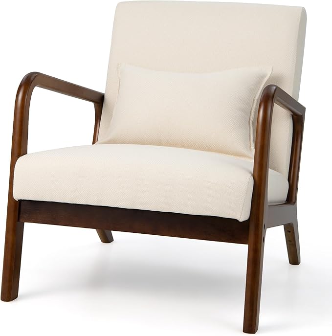 GORELAX Mid Century Modern Accent Chair Upholstered Lounge Armchair with Wood Frame &amp Lumbar Pillow Comfy Reading Chair for Living Room Bedroom Office (1 Beige)