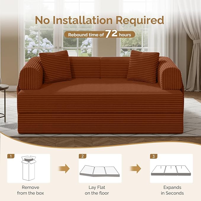 Convertible Corduroy Sleeper Sofa Bed with Cylindrical Pillow Folding Mattress Couch with Fixed-Shape Frame Floor Sofa Lounge Couch for Living Room Bedroom Lounge Studio Red Brown