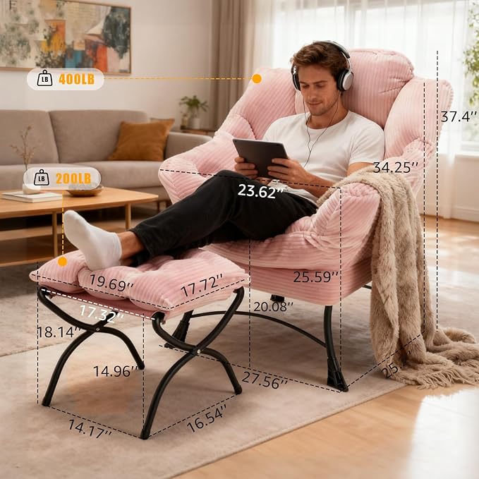 Large Lazy Chair and Ottoman for Adults Accent Chair Oversized Lounge Armchair with Side Pocket &amp Footrest Comfy Reading Chair Leisure Sofa for Bedroom Living Room Office (Corduroy Pink Sing