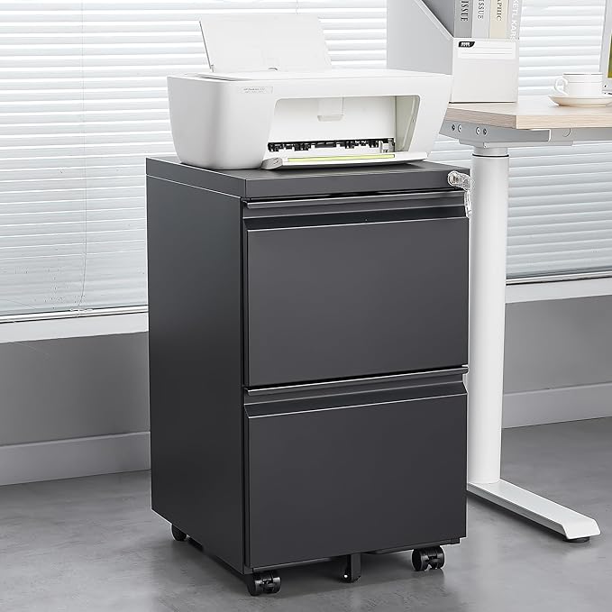 Mobile File Cabinet with Lock Office Storage Solution for Legal &amp Letter Size Documents Metal Filing Cabinet with Printer Stand Pre-Assembled Except Casters (Black 2 Drawers)