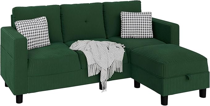 JAMFLY Convertible Sectional Couches for Living Room L-Shaped Couch 3 Seat Sectional Sofa Set with Polyester Fabric and Movable Ottoman Small Couch for Apartments OfficeGreen