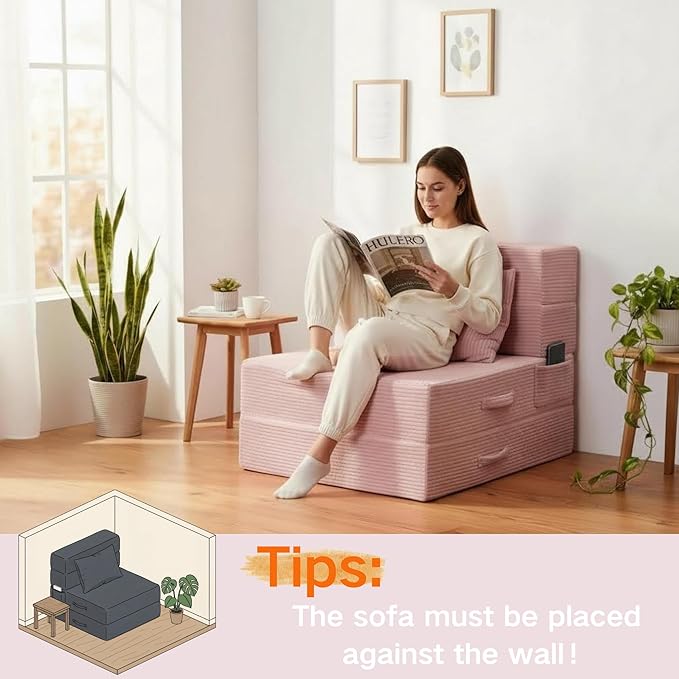 Folding Sofa Bed 4 in 1 Convertible Sleeper Chair with Pillow Single Memory Foam Fold Out Chair Bed Modern Floor Futon Sofa Couch Mattress for Living Room/Guest/Apartment Pink