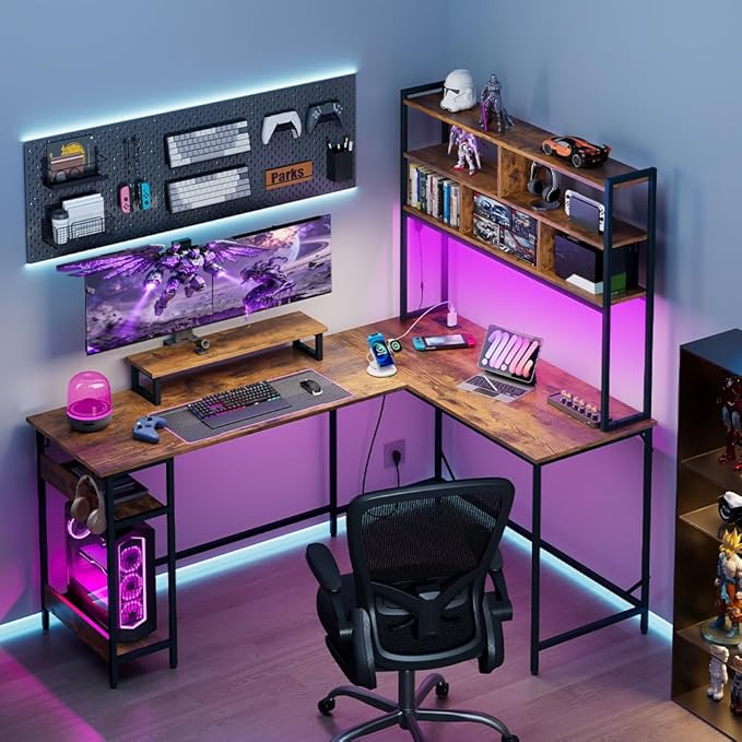 DEVAISE L Shaped Gaming Desk with Hutch Reversible Computer Desk with LED Light 3-Tier Shelves 2 AC+2 USB Outlet and Monitor Stand Corner Desk with Storage for Home Office (Rustic Brown 66 Inch)