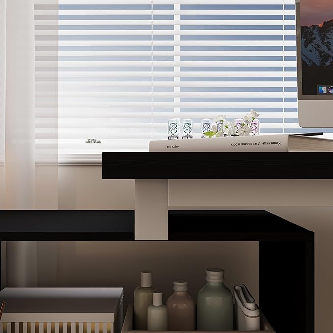 L Shaped Computer Desk 47 Inch Home Office Desk with File Drawers &amp Storage Shelves Small Corner Computer Desk for Small Space (Black + White)