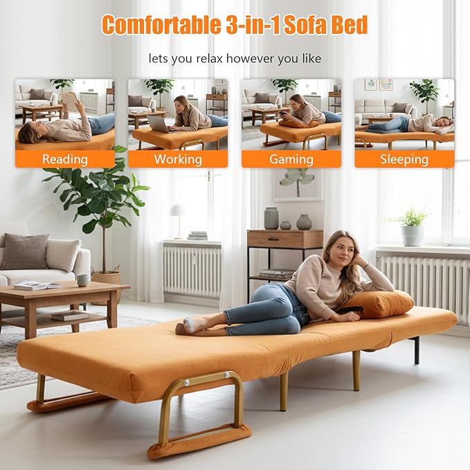 Convertible Sleeper Sofa Bed 3 in 1 Multi-Functional Sofa Chair Bed with 5 Position Adjustable Backrest Folding Sofa Bed Floor Single Chairs Fold Out Chair Beds for Living Room (Orange)