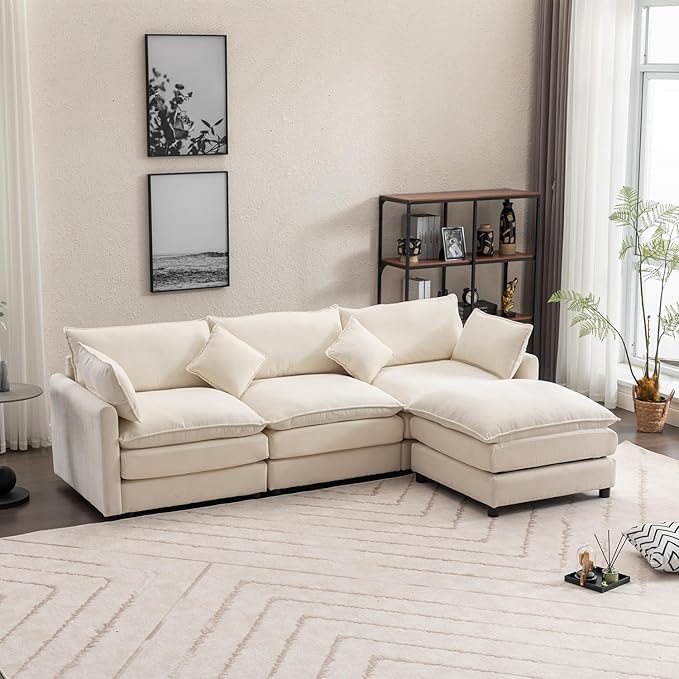 kevinplus 101'' Modular Sectional Sofa Couch L-Shaped with Convertible Ottoman for Living Room Modern Contemporary 3-Seat Fabric Sofa Couch Thick Cushion Beige