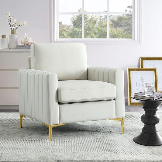 Tufted Velvet Accent Chair with Gold Legs Mid-Century Modern Single Sofa Chair Comfy Upholstered Soft Arm Chair Living Room Furniture Reading Bedroom Club Waiting Room (Beige)