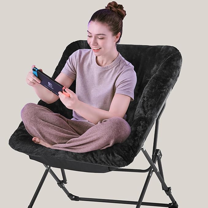 Walsham Folding Comfy Chair Faux Fur Soft Cozy Lounge Reading Papasan Chair for Adults Kids Bedroom Living Room Dorms Small Space Black