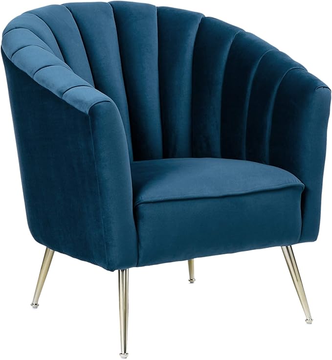 Manhattan Comfort Rosemont Velvet Accent Armchair Scalloped Chair with Mid-Century Modern Shell-Style with Wraparound Back Vertical Channeling Ideal for Living Room Use Set of 1 Blue
