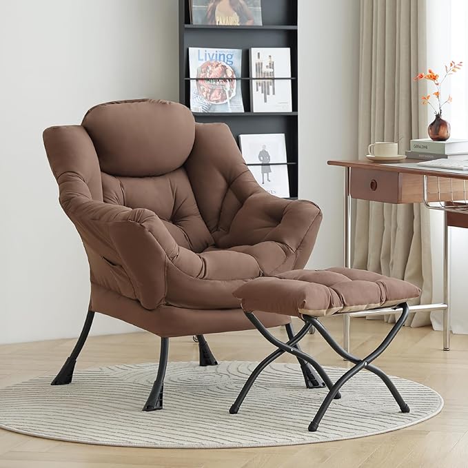 LITA Lazy Chair with Ottoman Modern Accent Leisure Upholstered Sofa Chair Contemporary Lounge Reading Chairs with Armrests and a Side Pocket for Living Room Bedroom &amp Small Space Dark Brown