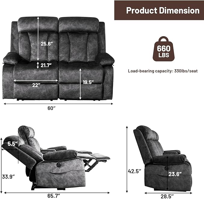 Power Reclining Loveseat with Massage &amp Heat Loveseat Recliner Sofa with Cup Holders Electric Recliner RV Sofa with USB/Type C/Side Pocket Wall Hugger Loveseat for Living Room