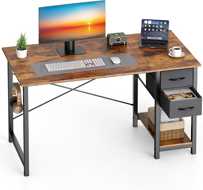 Sweetcrispy 40 Inch Computer Desk with Drawers for Home Office Writing Desk with X-Shaped Reinforcement Wood Table with Adjustable Position Drawers Modern Study Work Table with Side Hook Rust