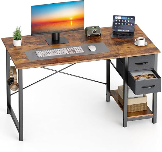 Sweetcrispy 40 Inch Computer Desk with Drawers for Home Office Writing Desk with X-Shaped Reinforcement Wood Table with Adjustable Position Drawers Modern Study Work Table with Side Hook Rust