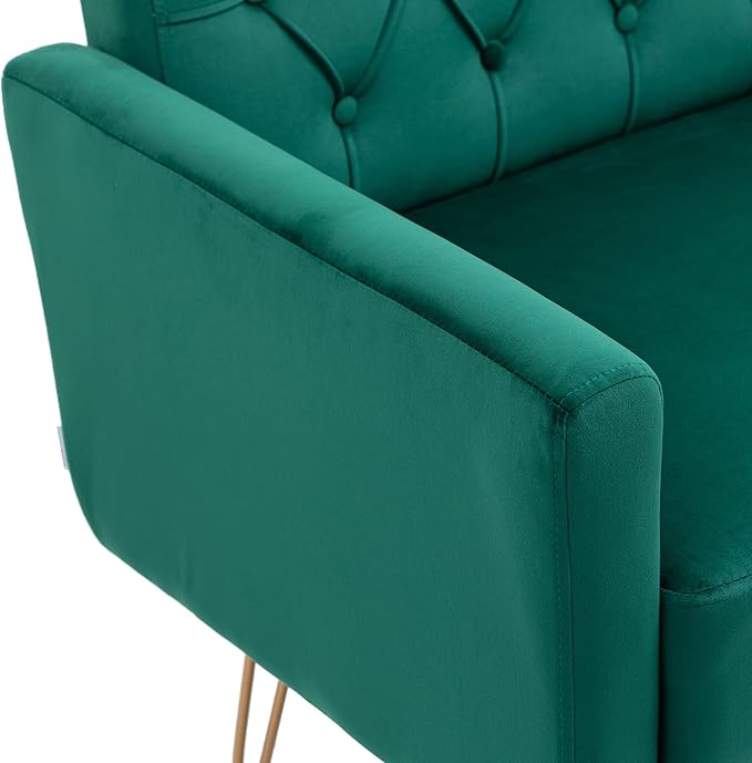 Velvet Accent Chair Upholstered Living Room Accent Armchair Leisure Single Chairs with Rose Golden feet Tufted Sofa Chairs for Home Office Living Room Bedroom Small Space (Green)