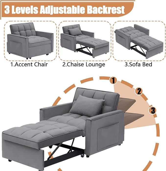 3 in 1 Convertible Sleeper Chair Modern Pull Out Couch Bed Single Recliner with Adjustable Back Velvet Futon Folding Sofa Bed Chair for Living Room Bedroom Small Spaces (Gray-1)