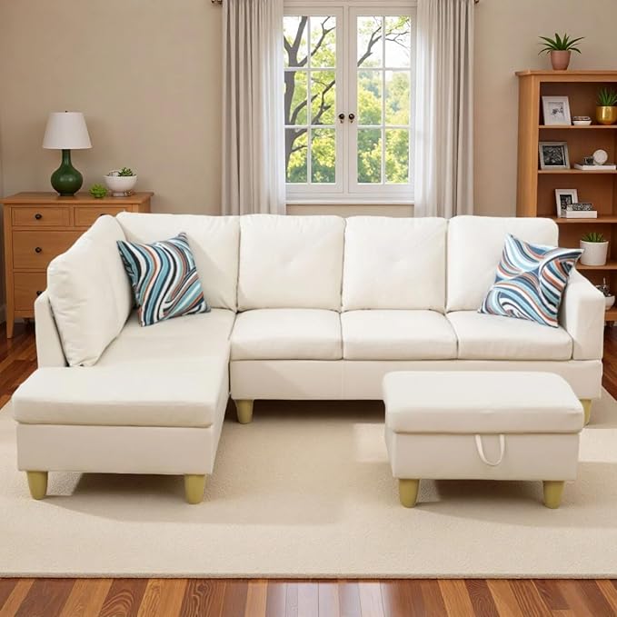 3-Piece L-Shaped Modular Leather Sofa – Convertible Sectional Couch with Movable Chaise &amp Storage Ottoman Multi-Scene Use for Living Room Apartment &amp Office White