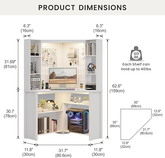 Corner Desk with - LED Reading Light L-Shaped Computer Desk w/Hutch &amp Shelves Home Office Desk w/Charging Station for Work &amp Study File Cabinet Storage Bookshelf for Small Space (White)
