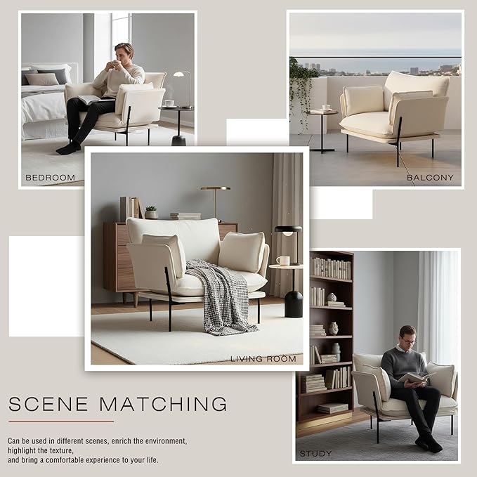 Modern Boucle Accent Chair for Living Room ChairsOversized Upholstered Reading Chair Lounge Armchair with Sturdy Metal LegsComfy Single Sofa Chair for Living RoomBedroomBalcony (Cream)