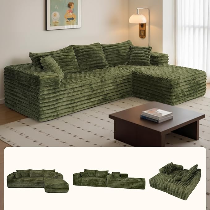 103” Sectional Couch for Living Room Modular Deep Seat L-Shaped Corduroy Sofa No Assembly Plush Wide Fabric Green with Right Facing Chaise