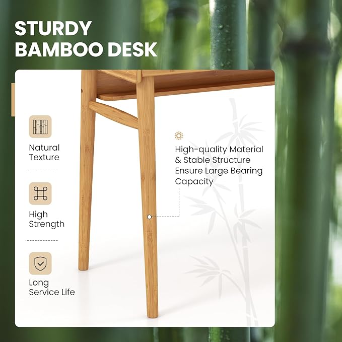 Giantex Computer Desk 39.5 Bamboo Home Office Desk with 2 Storage Drawers and Open Shelf Makeup Table Vanity Desk Modern Writing Desk Computer Workstation for Bedroom Study Natural