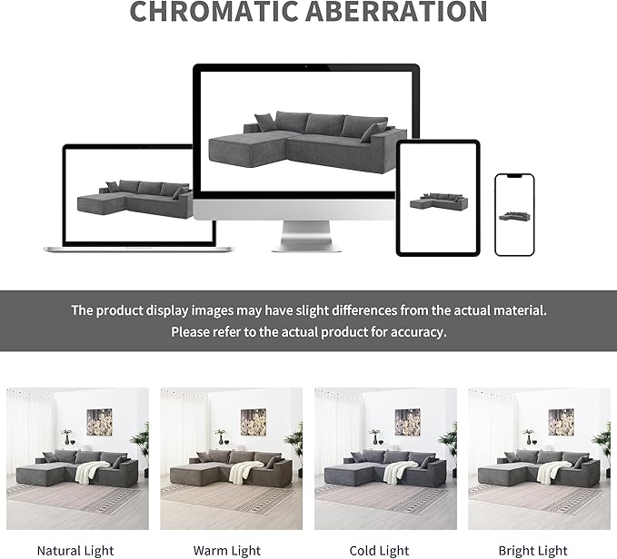 L-Shaped Corner Corduroy Sectional Sofa 4 Seat Modular Boneless Sofa Foam Cloud Couch with Movable Ottoman and Toss PillowsModern Deep Seat Convertible Chaise Sofa