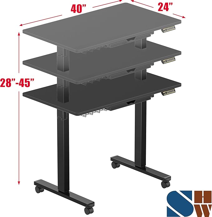 SHW 40-Inch Mobile Electric Height Adjustable Sit to Stand Desk with Drawer Hanging Hooks and Cable Management Black