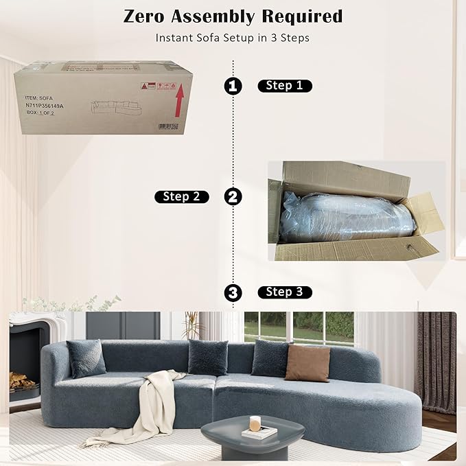 132 Large Sponge Modular Sofa Modern Sectional Sofa with Curved Design 2-Piece Chenille Modular Couch with 4 Pillows Plush Sponge &amp Spring Cushion for Living Room (Dark Blue103)