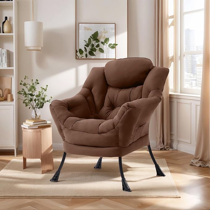 Lazy Chair for Living Room Modern Accent Chairs with Armrests Dark Brown Armchairs with Side Pocket Cozy Lazy Sofa for Reading Balcony Bedroom Dorm Small Spaces