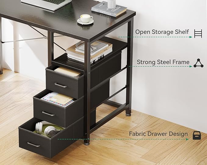 AODK 32-Inch Small Computer Desk with Fabric Drawers Kids Girls Teen Study Writing Desk for Bedroom Home Office Desk for Small Space Black