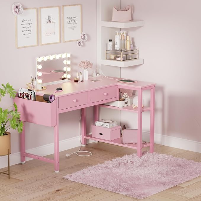 DLisiting Pink Reversible L Shaped Desk with Drawers and Shelves Small Kids Study Vanity PC Computer Desk with Storage for Girls Corner L-Shaped Desks for Small Space Bedroom