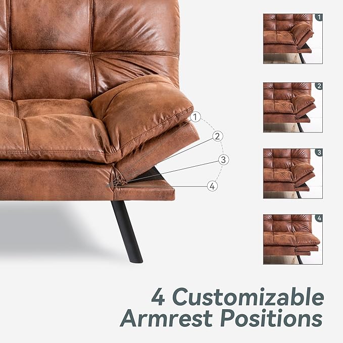 Futon Sofa Bed Convertible Couch Brown Faux Leather Sofa Bed with Memory Foam Adjustable Backrest &amp Armrests Multifunctional Small Loveseat Sleeper Sofa for Living Room Apartment Office