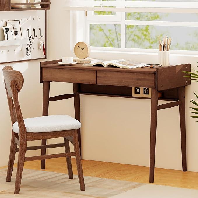 Tangkula Bamboo Mid Century Desk with 2 Storage Drawers Home Office Study Writing Desk with Shelf &amp Cable Management Groove Home Office Desk for Working &amp Learning (Brown)