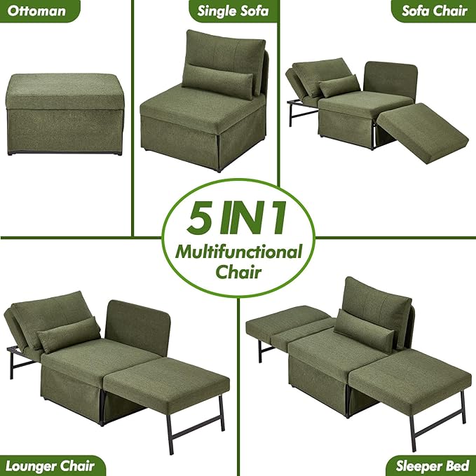 Sleeper Chair Bed Upgrade 4-in-1 to 5-in-1 Convertible Multi-fuction Sofa Chair w/Adjustable Backrest Assembly-Free Linen Folding Sofa Ottoman Bed for Living Room Apartment (Deep Green)