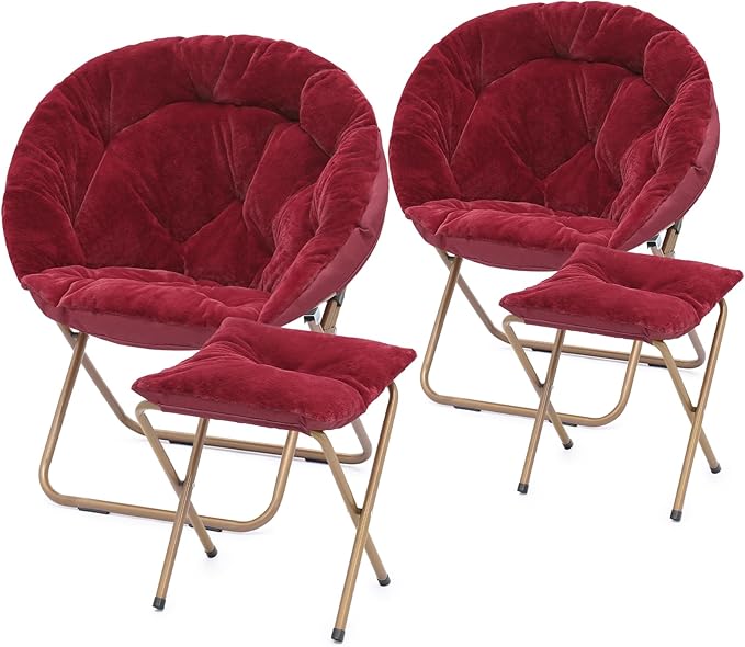 Athena Collection Round Saucer Chair with Ottoman Set of 2 for Adults Oversize Comfy Cozy Faux Fur Folding Reading Chair with Metal Leg Lazy Relaxing for Living Room Bedroom Dorm Apartment Red