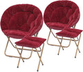 Athena Collection Round Saucer Chair with Ottoman Set of 2 for Adults Oversize Comfy Cozy Faux Fur Folding Reading Chair with Metal Leg Lazy Relaxing for Living Room Bedroom Dorm Apartment Red