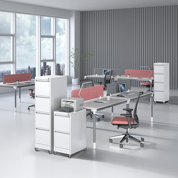 4 Drawer File Cabinet with Wheels Metal Filing Cabinet with Lock and Wheels Rolling Filing Storage Home Office Vertical File Cabinets for Hanging Legal/Letter Size Files Assembly Required White