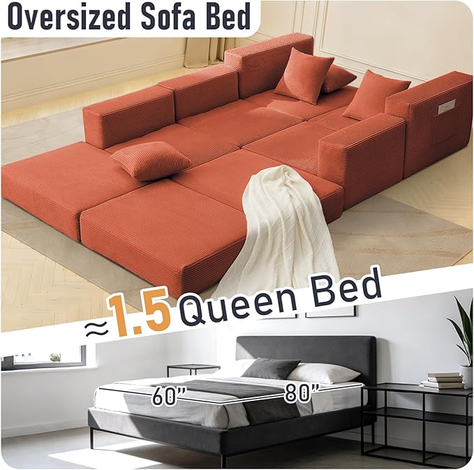 102 Upgraded L-shaped Modular Sectional Couches for Living Room Convertible Oversized Sleeper Sofa Bed-Luxury 1.5 Queen Bed. 11-in-1 Multifunctional Corduroy Boneless Folding Futon Couch Orange.