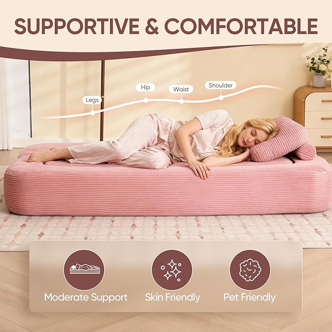 Sofa Bed Couch Convertible Futon Sofa Bed Foldable Boneless Couch No Assembly Love Seat Mattress Sleeper for Living Room Bedroom Apartment Pink