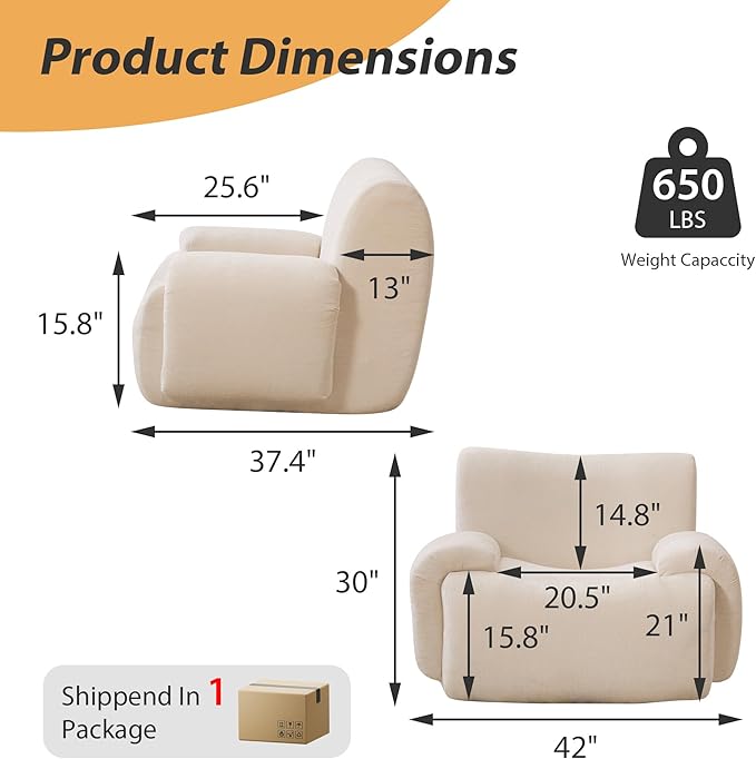 Mlmh &amp Kngwa Set of 2 Boneless Accent Chair 42 inch Oversized Chairs for Living Room Comfy Reading Nook Chair Single Couch with Wide Armrest for Bedroom Apartment Beige