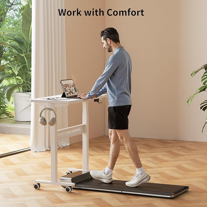 Mobile Standing Desk with Wheels 32 inch Pneumatic Height Adjustable Desk for Walking Pad Small Rolling Computer Workstation Portable Sit Stand Desk for Home Office 28-43 Tall White